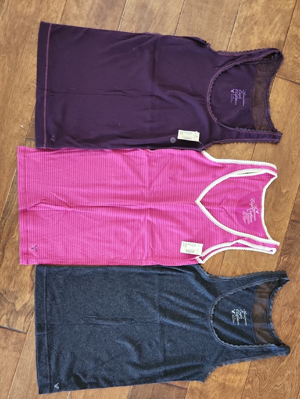 American Eagle Three-Pack Ribbed & Lace Tank Tops — Plum, Hot Pink, Charcoal, Lg